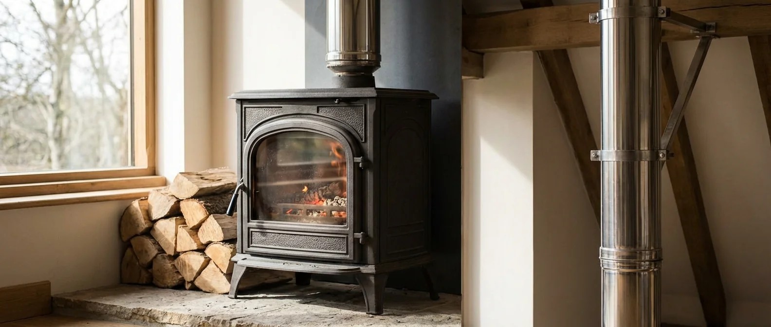 Abgasführung Holzfeuerung: Schema einer Holzfeuerungsanlage mit Rauchrohr, Schornstein und Verbindungsstücken zur Ableitung