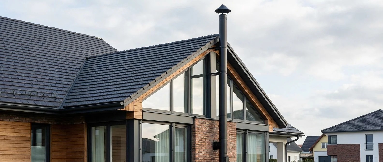 Abgasführung Holzfeuerungsanlage: Schornstein vor Häusern symbolisiert BImSchV Ableitbedingungen für feste Brennstoffe.