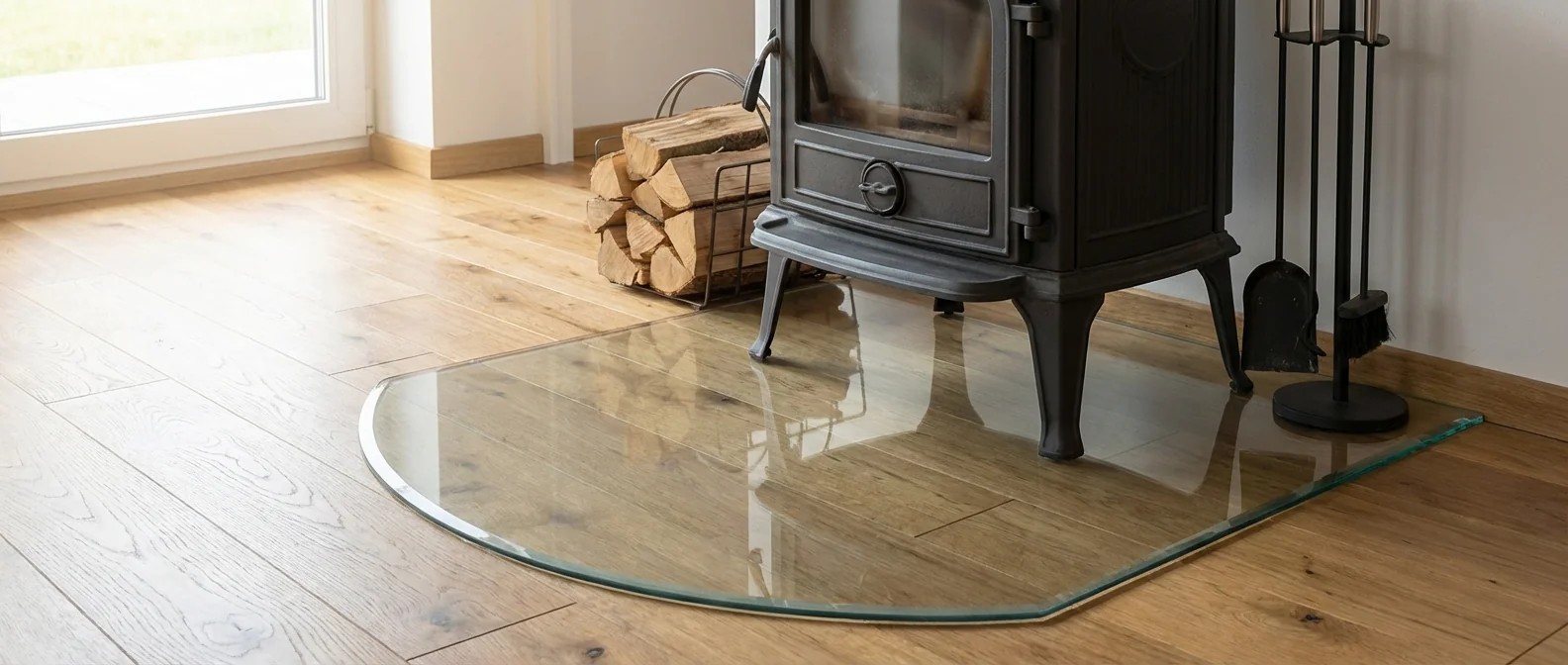 Funkenschutzplatte aus Glas vor Kaminofen schützen Holzboden vor Brandschäden durch Funken und Glut. Bodenplatte als