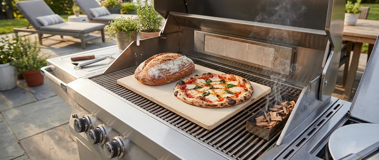 Grill mit Brot und Pizza: Zubereitung von gegrilltem Brot und Pizza im Freien. Holzofen und Zutaten für leckere Grillrezepte.