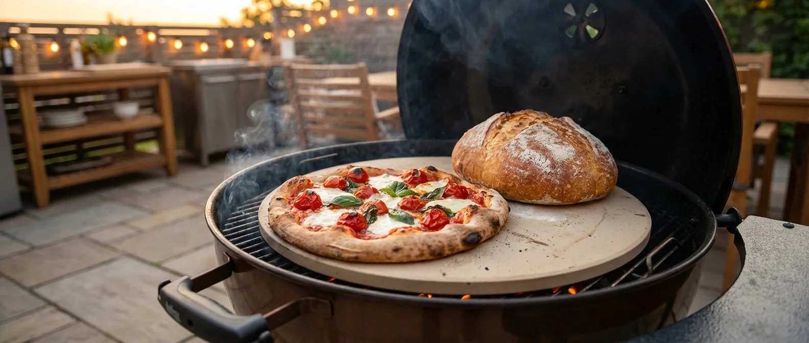 Pizza und Brot vom Grill: Knusprige Pizza auf Pizzastein neben ofenfrischem Brot. Zubereitung auf einem Grill.