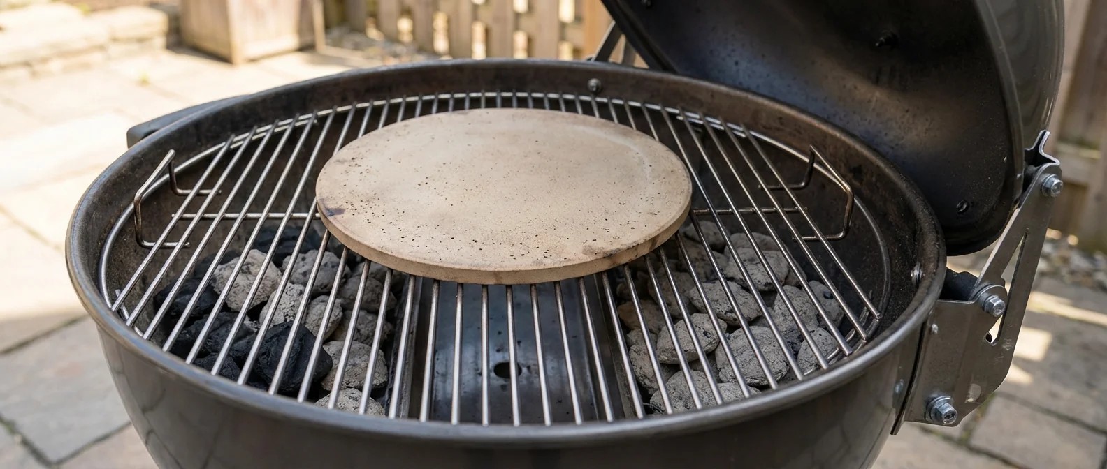 Grill mit Pizzastein für indirektes Grillen von Brot und Pizza. Seitliche Hitzequelle für gleichmäßiges Backen.