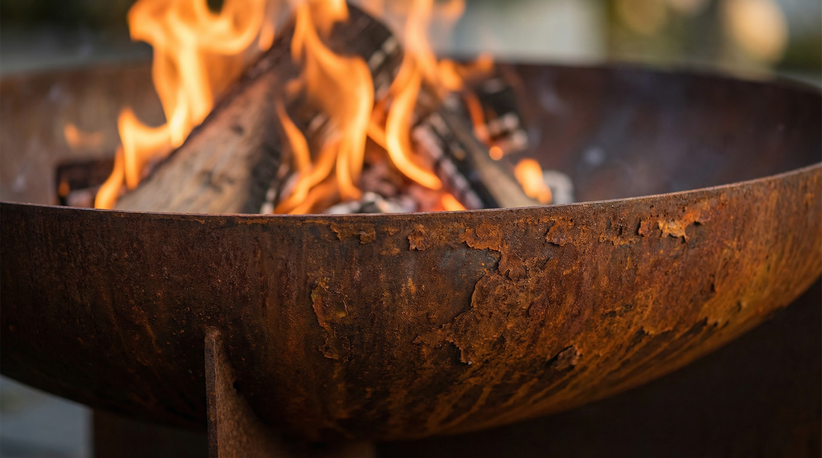 Nahaufnahme einer Cortenstahl-Feuerschale mit Flammen und sichtbarer Rostpatina