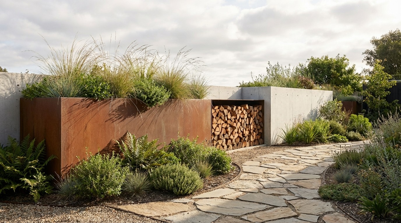 Moderner Garten mit Cortenstahl-Pflanzkuebel, Brennholzstapel und Steinweg