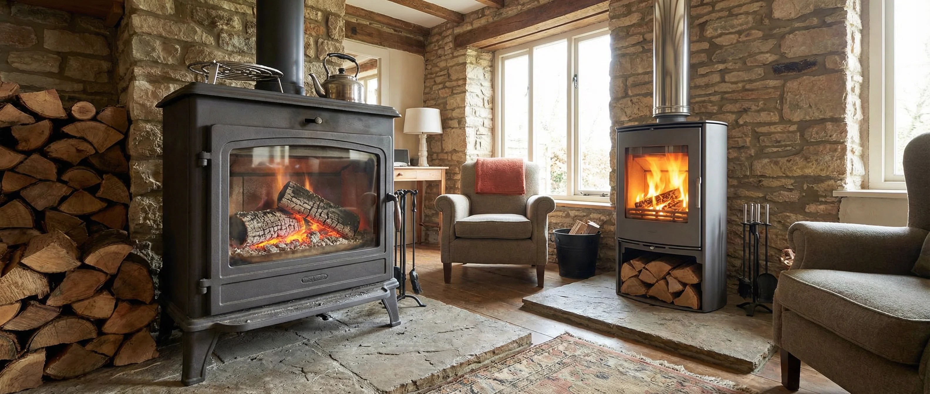 Dauerbrandofen vs. Zeitbrandofen: Vergleich zweier Öfen. Kaminofen mit Holz und Kohle, Symbolbild Heizsysteme.