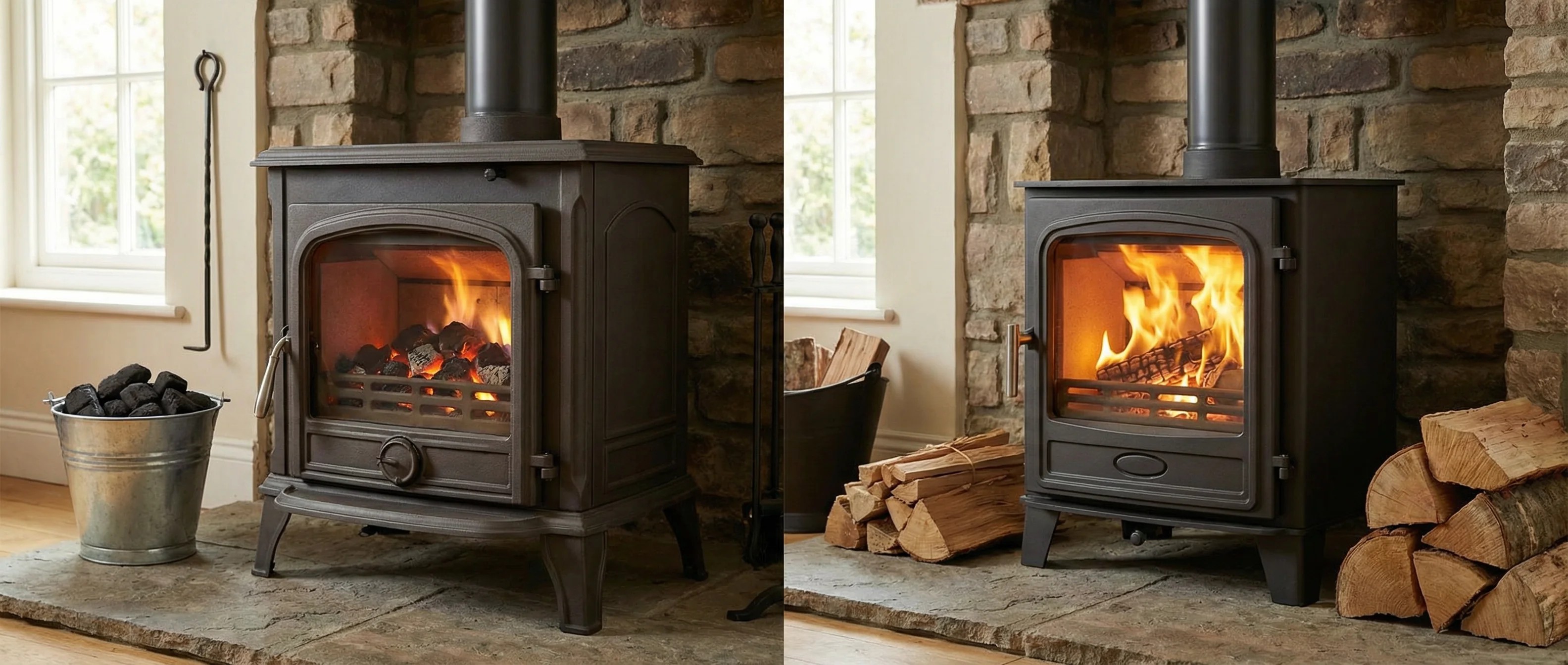 Dauerbrandofen vs. Zeitbrandofen: Illustration der DIN-Definition mit Kohle und Holz im Vergleich für Ofen-Käufer.