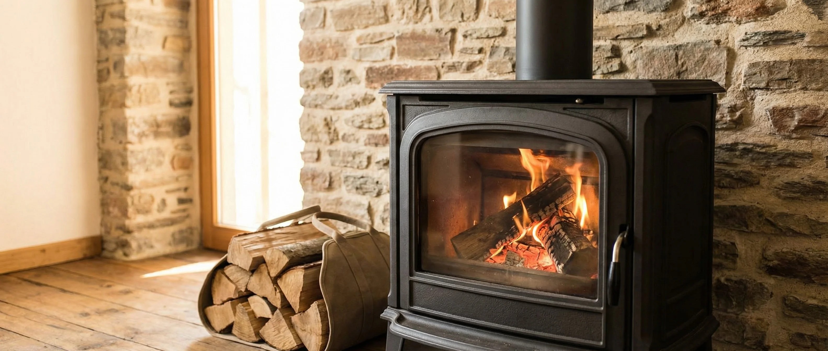 Zeitbrandofen Illustration: Holzscheit brennt im Kaminofen. Veranschaulicht die Brenndauer im Artikel zum Zeitbrandofen.