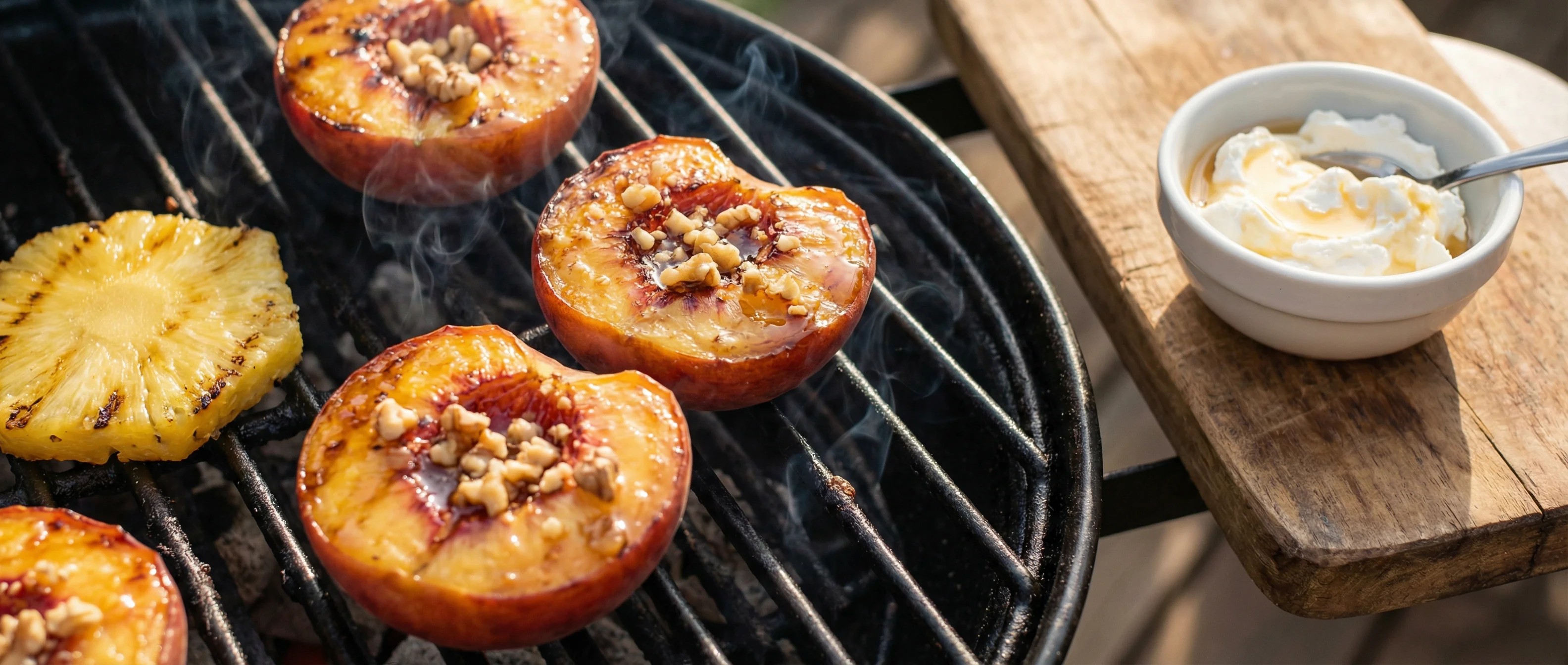 Gegrillte Früchte vom Grill Gegrillte Pfirsiche und Ananas: Karamellisierte Früchte vom Grill mit Röstaromen als süßes Dessert.