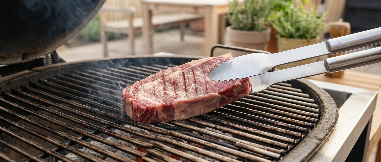 Grillfehler: Steak wird zu oft auf einem Grill mit Holzkohle gewendet. Kruste bildet sich nicht, Fleisch trocknet aus.