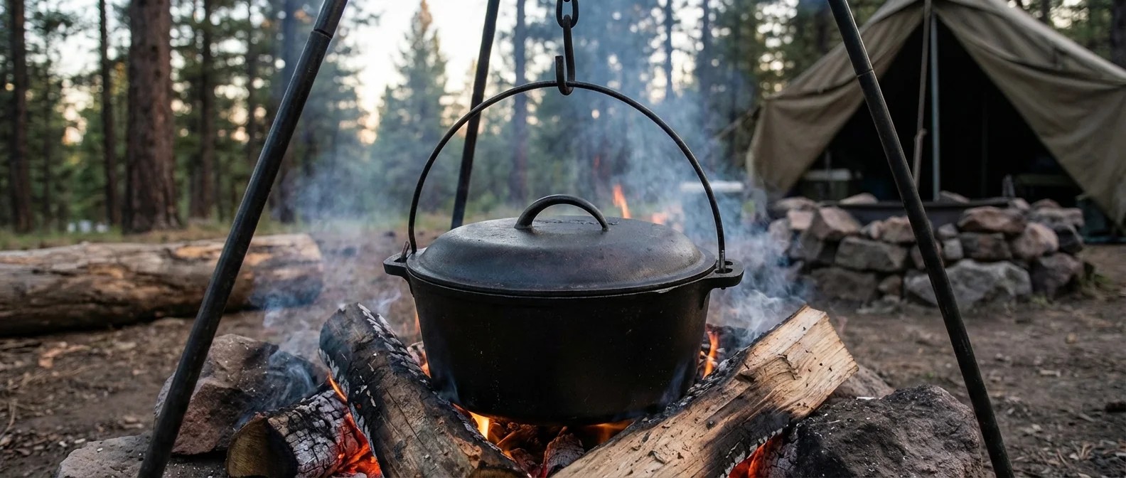Dutch Oven Szene: Gusseisen-Topf am Lagerfeuer. Outdoor-Küche mit rustikalem Charme und Lagerfeuer-Atmosphäre.
