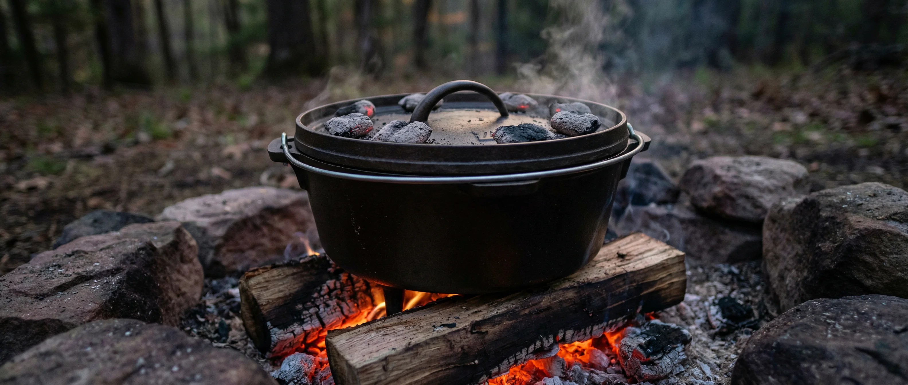 Dutch Oven am Lagerfeuer: Gusseiserner Feuertopf für rustikale Outdoor-Küche beim Kochen und Backen.