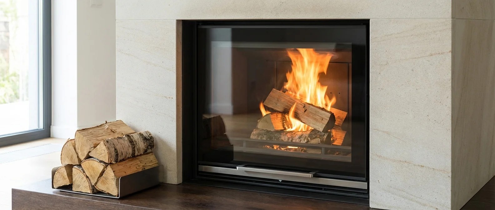 Kaminofen heizt. Holzscheite brennen im Feuerraum. Veranschaulichung zum Artikel über Feinstaub-Reduzierung.