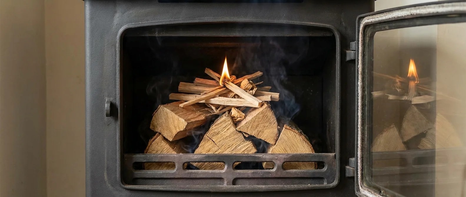 Kaminofen Anzündphase: Holzscheite brennen von oben. Rauch steigt auf. Illustration zum Thema Feinstaub Reduktion beim