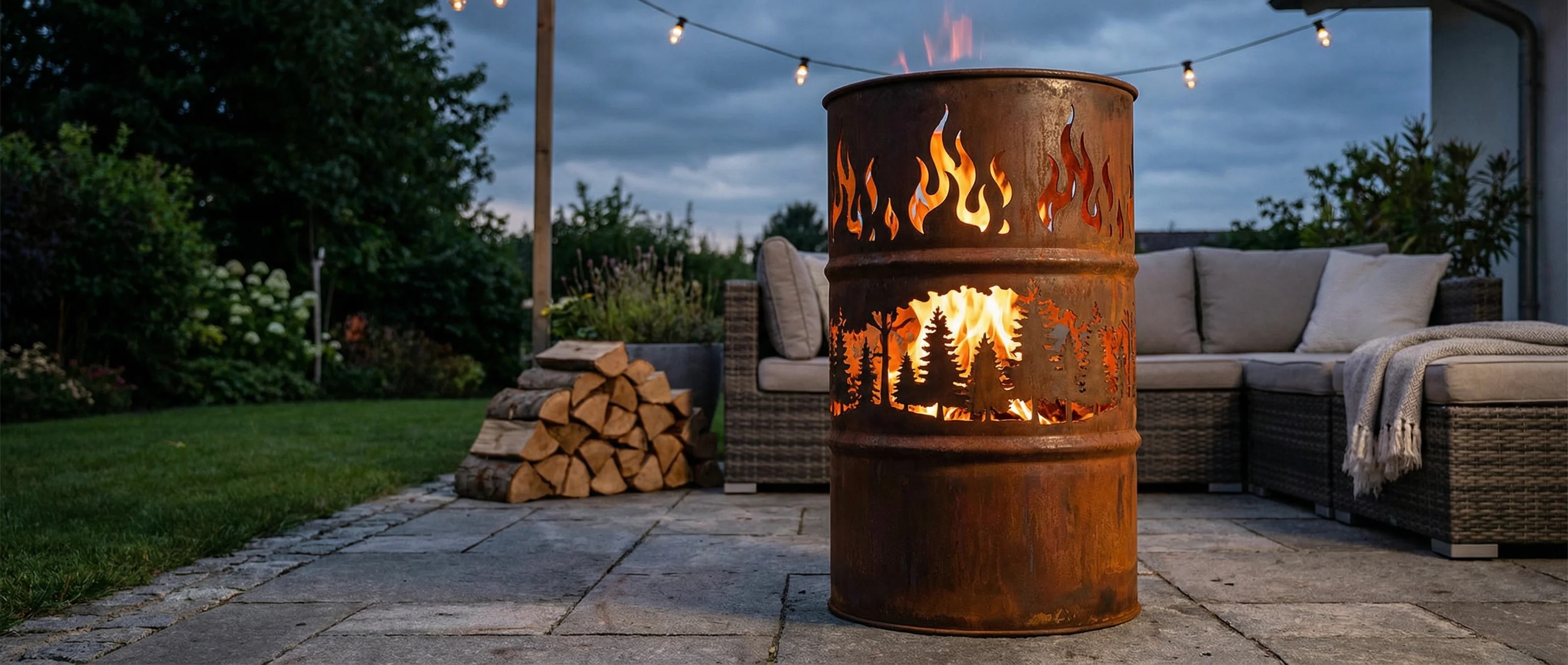 Feuertonne im Garten: Verschiedene Modelle und Bauarten im Überblick. Rostfarbenes Metall, Feuerholz und gemütliche