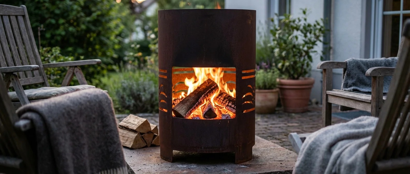 Feuertonne im Garten: Wärmequelle und stimmungsvolles Ambiente für gesellige Abende. Illustration zum Ratgeber über
