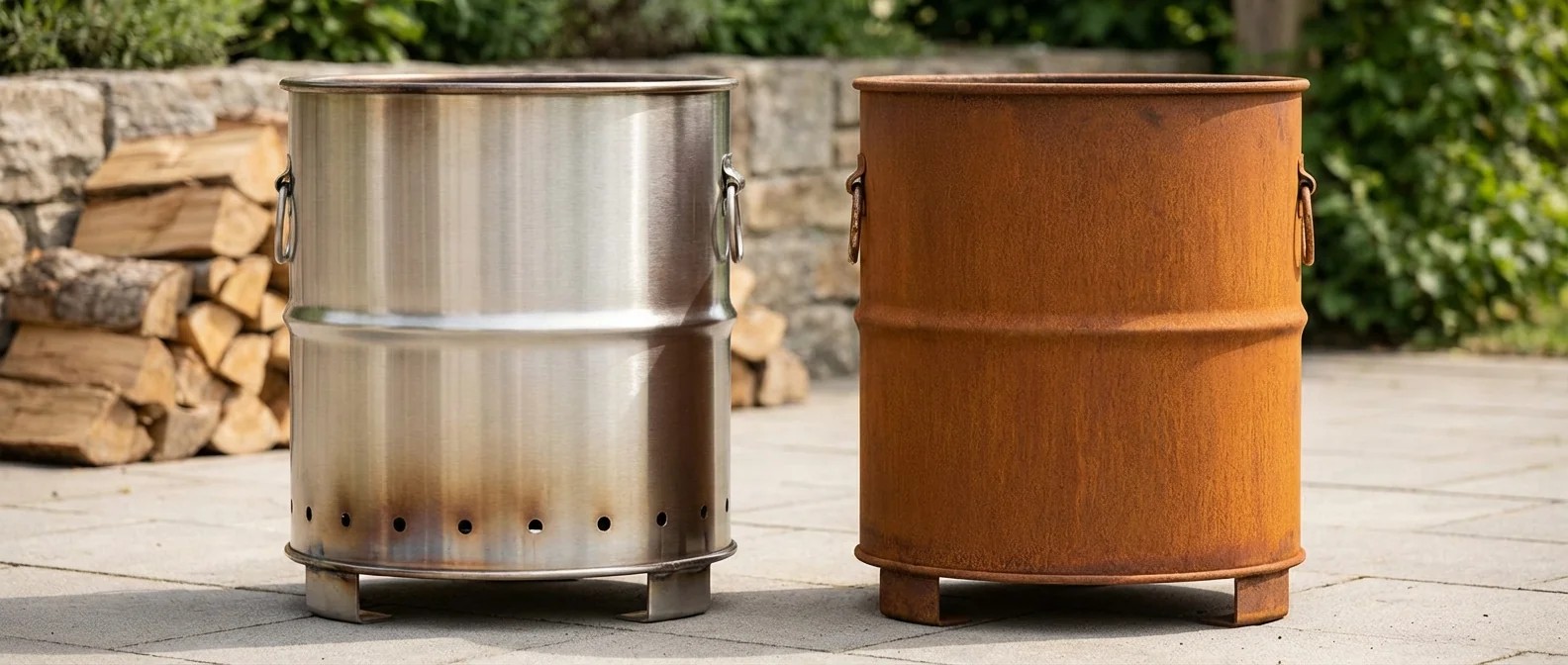 Feuertonne Materialvergleich: Edelstahl Feuertonne (Petromax Pyron). Rostbeständigkeit, Hitzebeständigkeit und Optik im