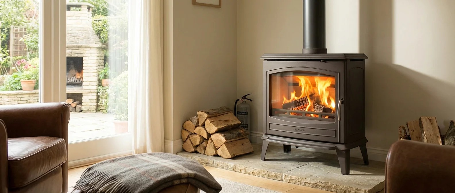 Kaminofen im Wohnzimmer mit brennendem Feuer, symbolisiert Feuerversicherung und Brandschutz