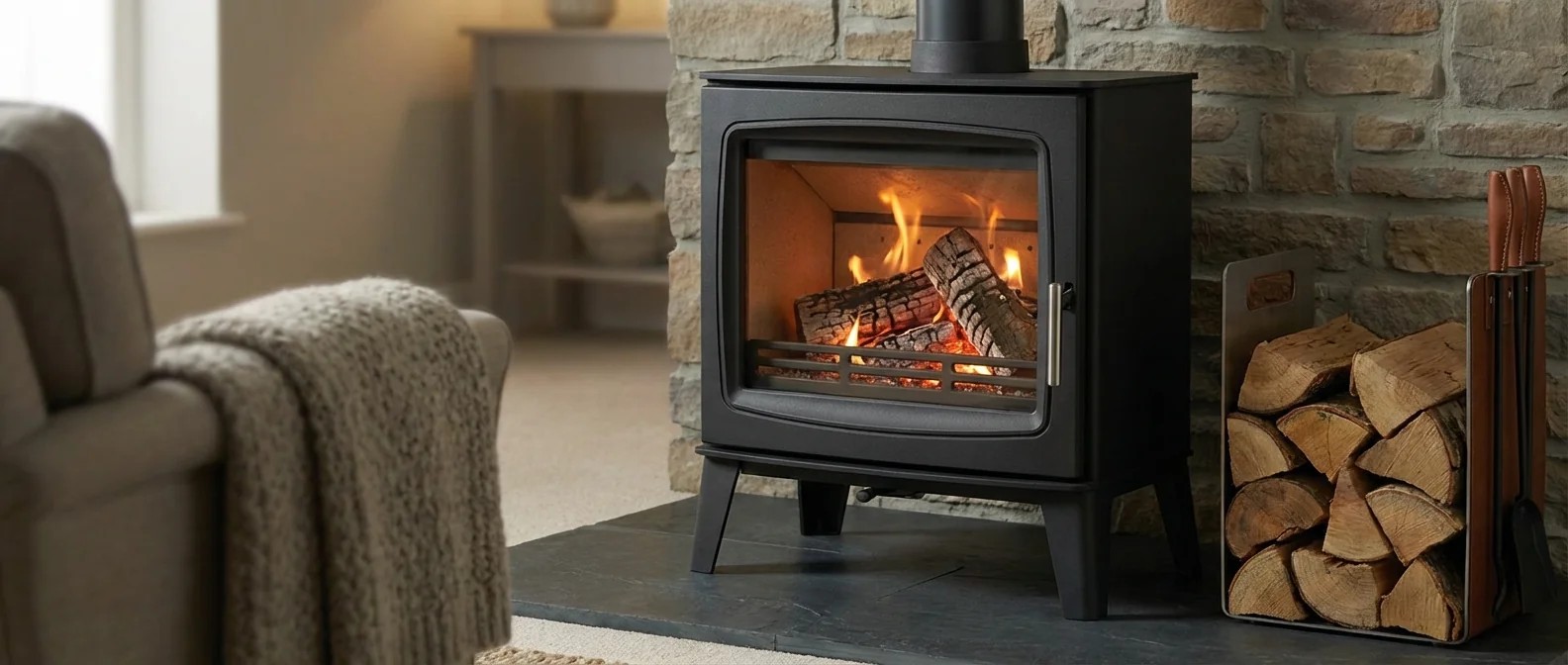 Moderner Kaminofen mit Glasscheibe und lodernden Flammen in gemuetlichem Wohnambiente