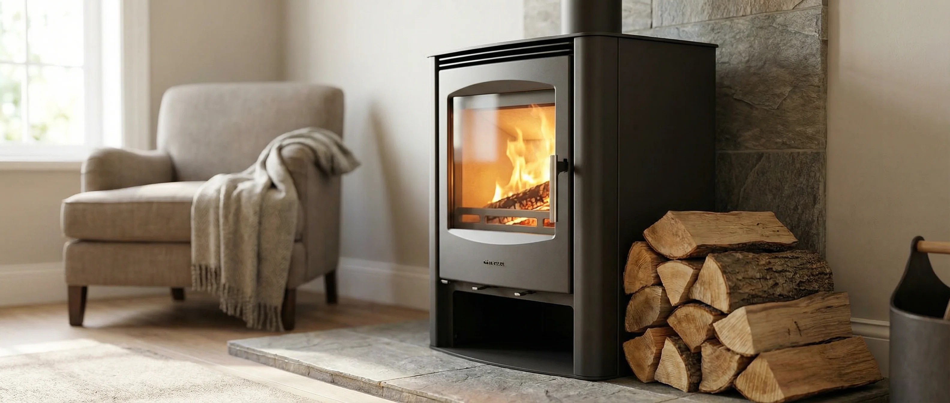 Kaminofen mit Funkenschutzplatte und Holzscheiten, Sicherheitsvorschriften beachten