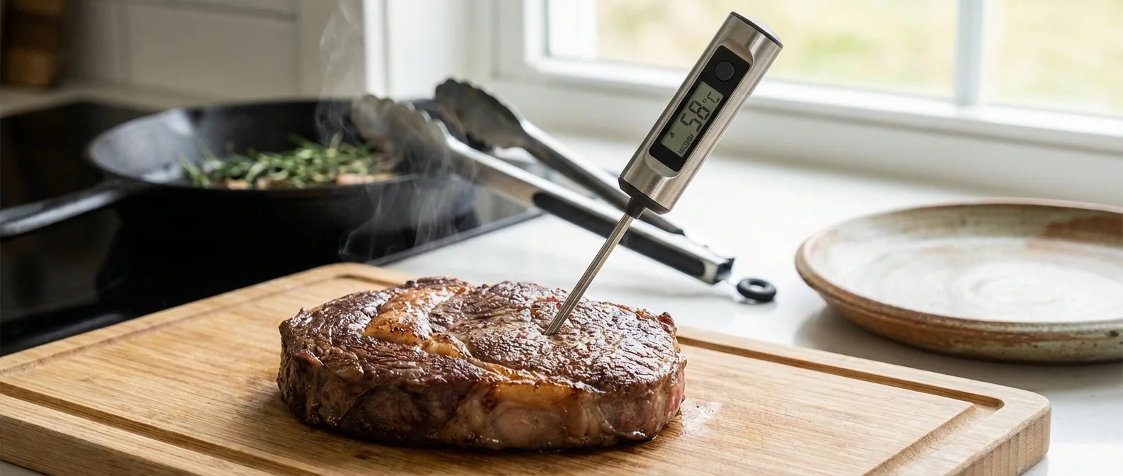 Fleischthermometer im Einsatz: Verschiedene Garstufen (Rare, Medium, Well Done) auf einem Teller mit Fleisch dargestellt.