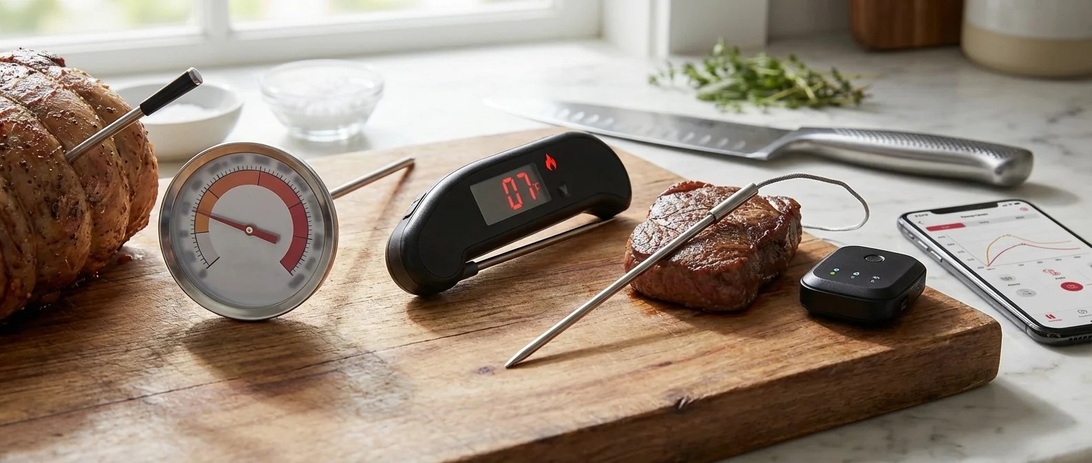 Verschiedene Fleischthermometer im Vergleich: Analoges Thermometer, digitales Bratenthermometer und Bluetooth Thermometer im